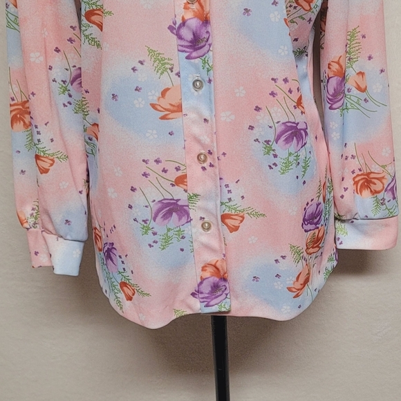 Groovy 70s Vintage NPC Fashions Peach Floral Print Dagger Collar Disco Shirt M - Picture 6 of 13